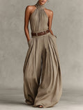 Catalina | Mono wide leg taupe con escote halter de estilo boho