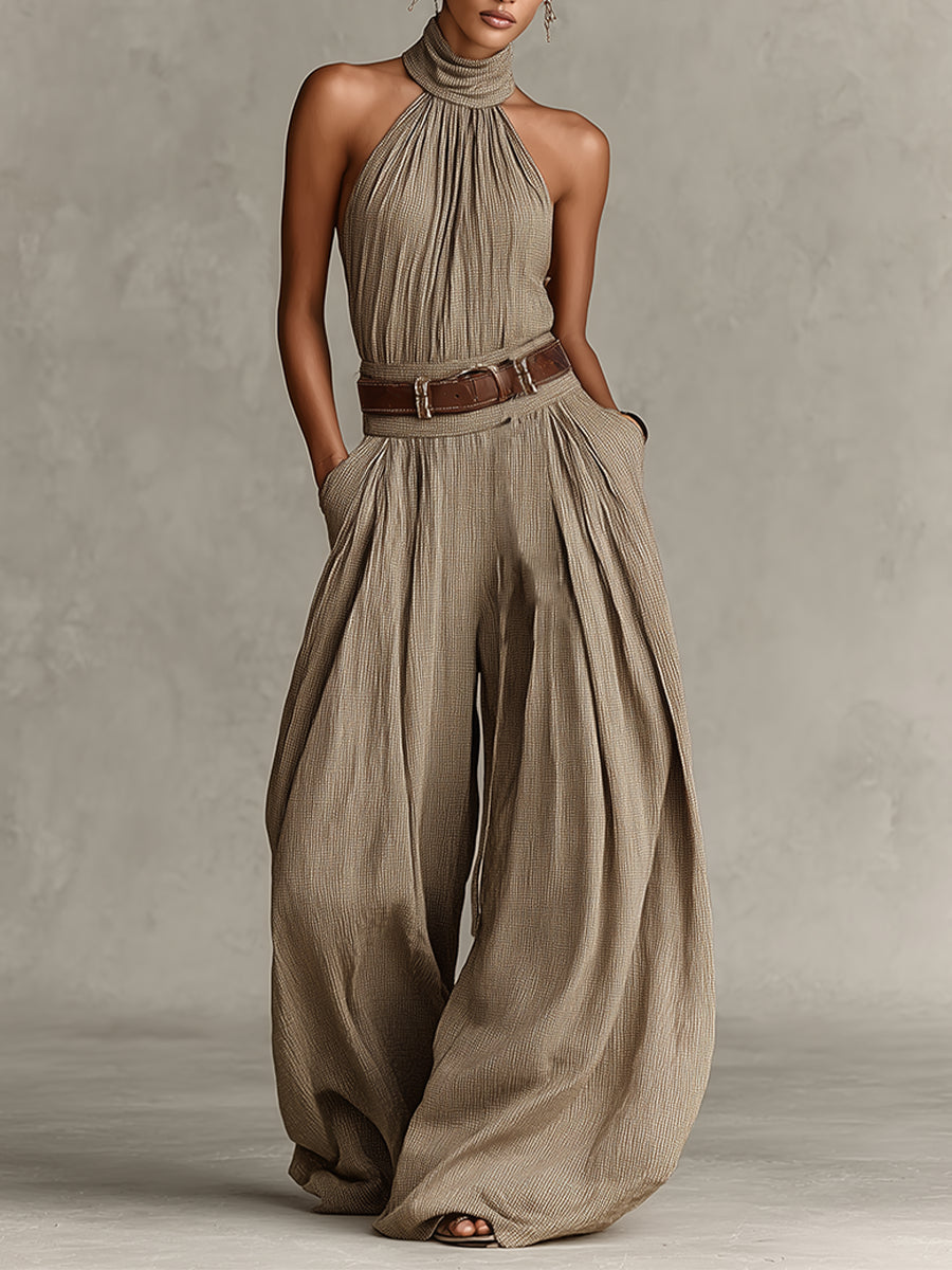 Catalina | Mono wide leg taupe con escote halter de estilo boho
