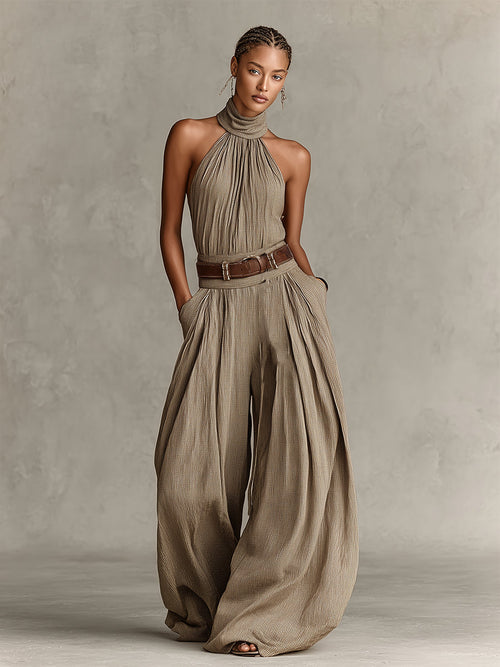 Catalina | Mono wide leg taupe con escote halter de estilo boho