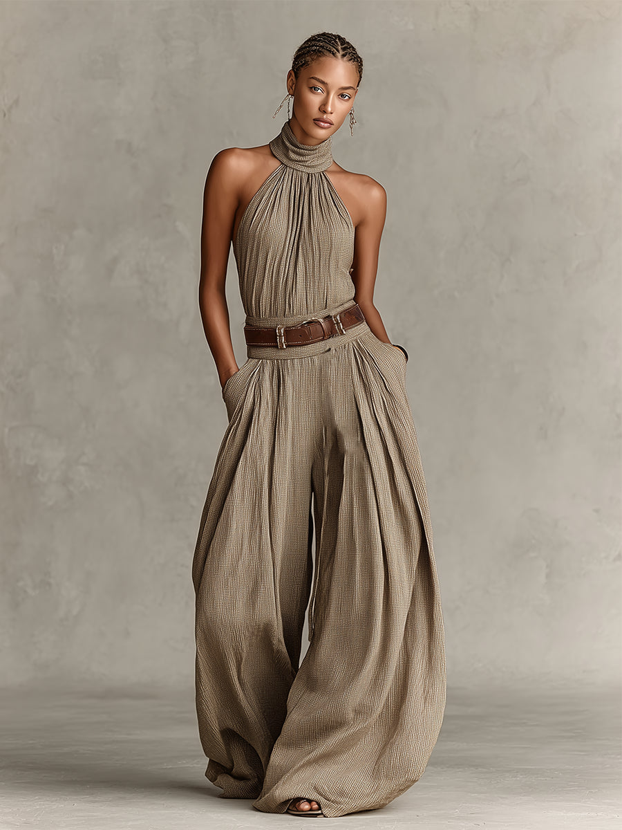 Catalina | Mono wide leg taupe con escote halter de estilo boho