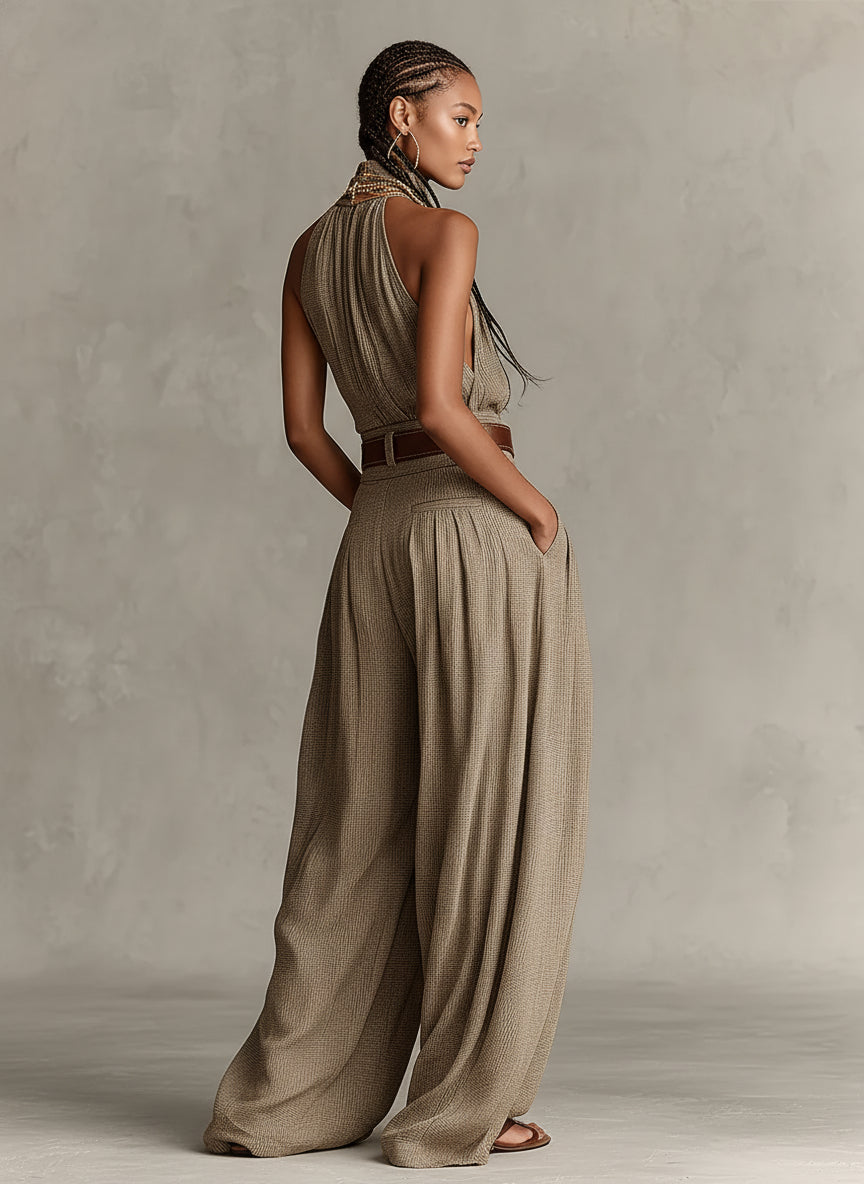 Catalina | Mono wide leg taupe con escote halter de estilo boho
