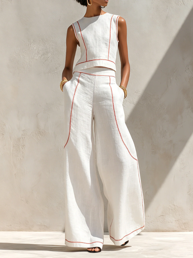 Clara | Conjunto blanco con top sin mangas y pantalones de pierna ancho