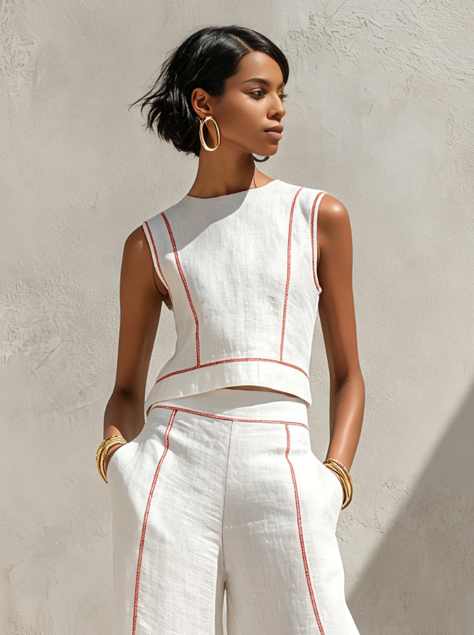 Clara | Conjunto blanco con top sin mangas y pantalones de pierna ancho