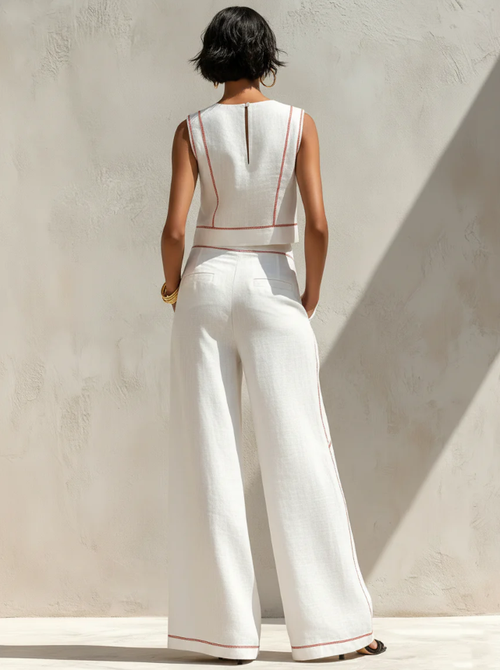 Clara | Conjunto blanco con top sin mangas y pantalones de pierna anch