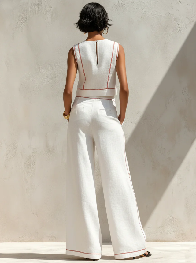 Clara | Conjunto blanco con top sin mangas y pantalones de pierna ancho