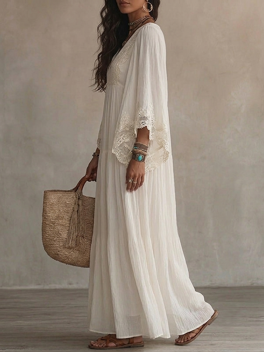 Adelaida | Vestido largo de gasa color marfil con mangas de murciélago