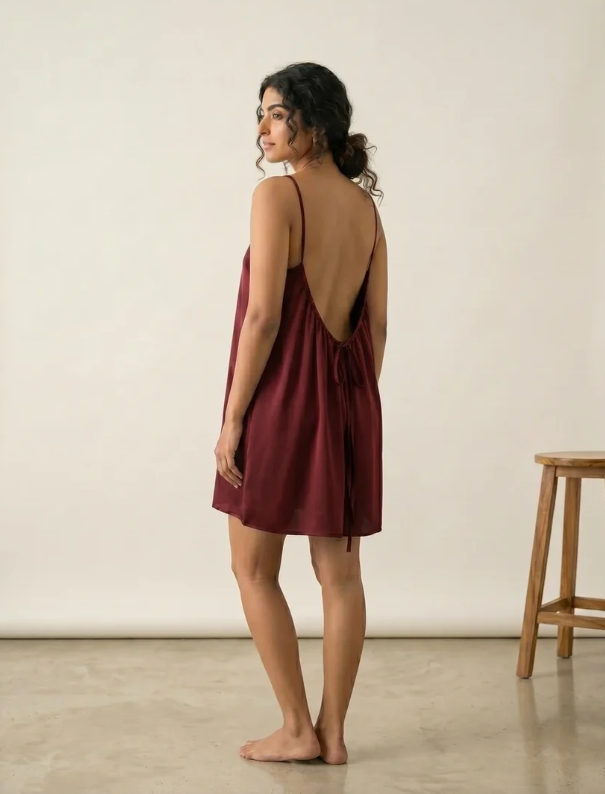 Vestido ELENA corto de espalda descubierta en burdeos