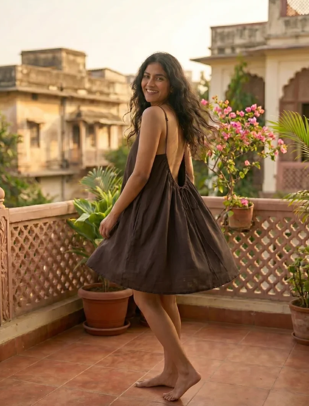 Vestido ELENA corto de espalda descubierta en marrón